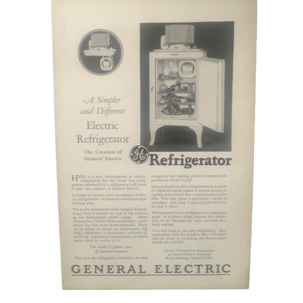 Vintage 1927 General Electric Refrigerator Simpler Ad Advertisement